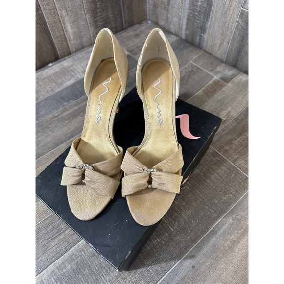 Nina Shoes - Nina Malila-GS Heels 8.5M Gold Glimmer Bow‎ Open Toe Dress Shoes w/ Box